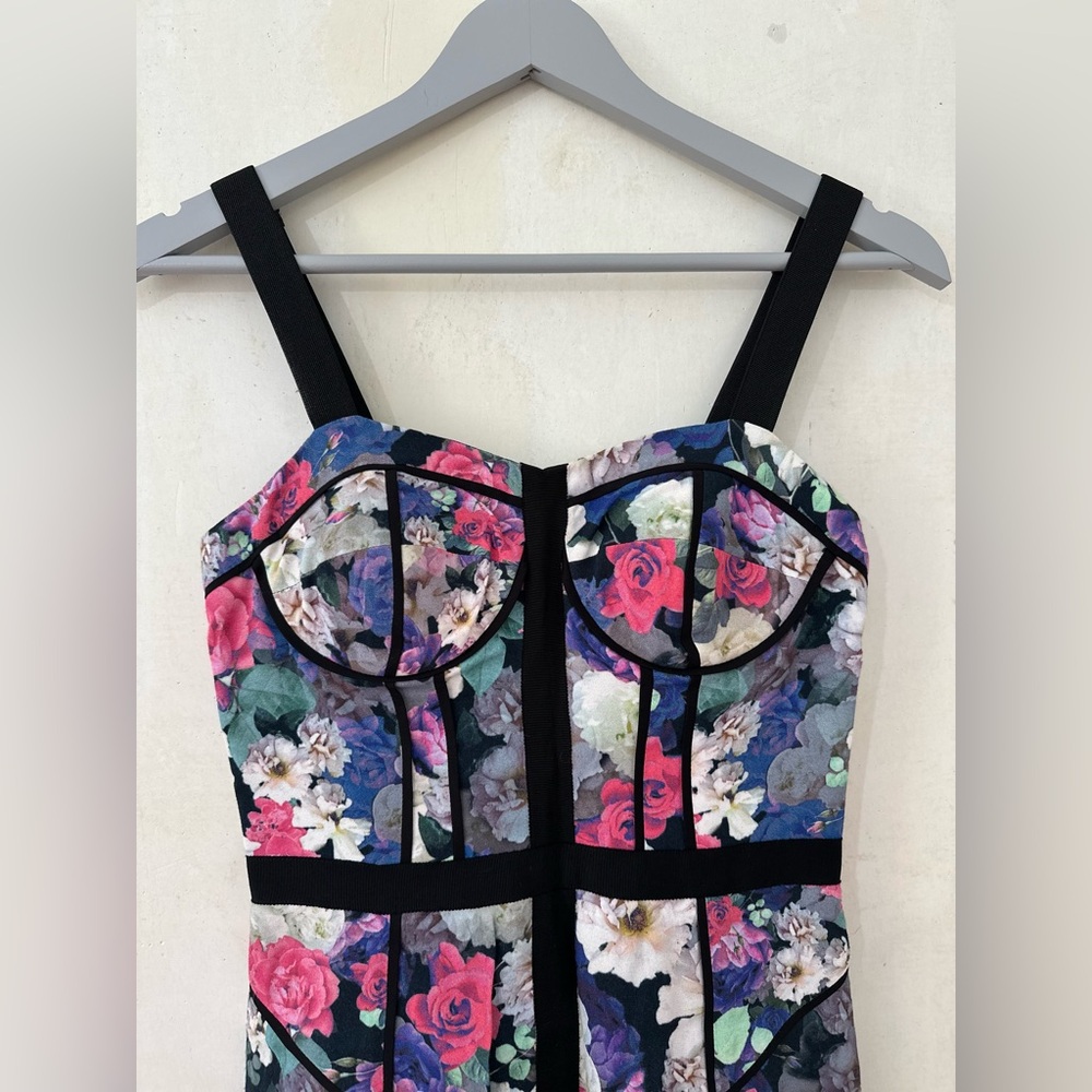 REBECCA MINKOFF Floral Bustier 100% Rayon Cocktail Wedding Guest Dress Size 0 - Picture 5 of 13